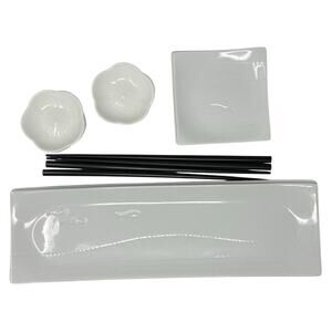 Crate & Barrel White Ceramic Sushi Set Served 2 Plates Bowls Chopsticks